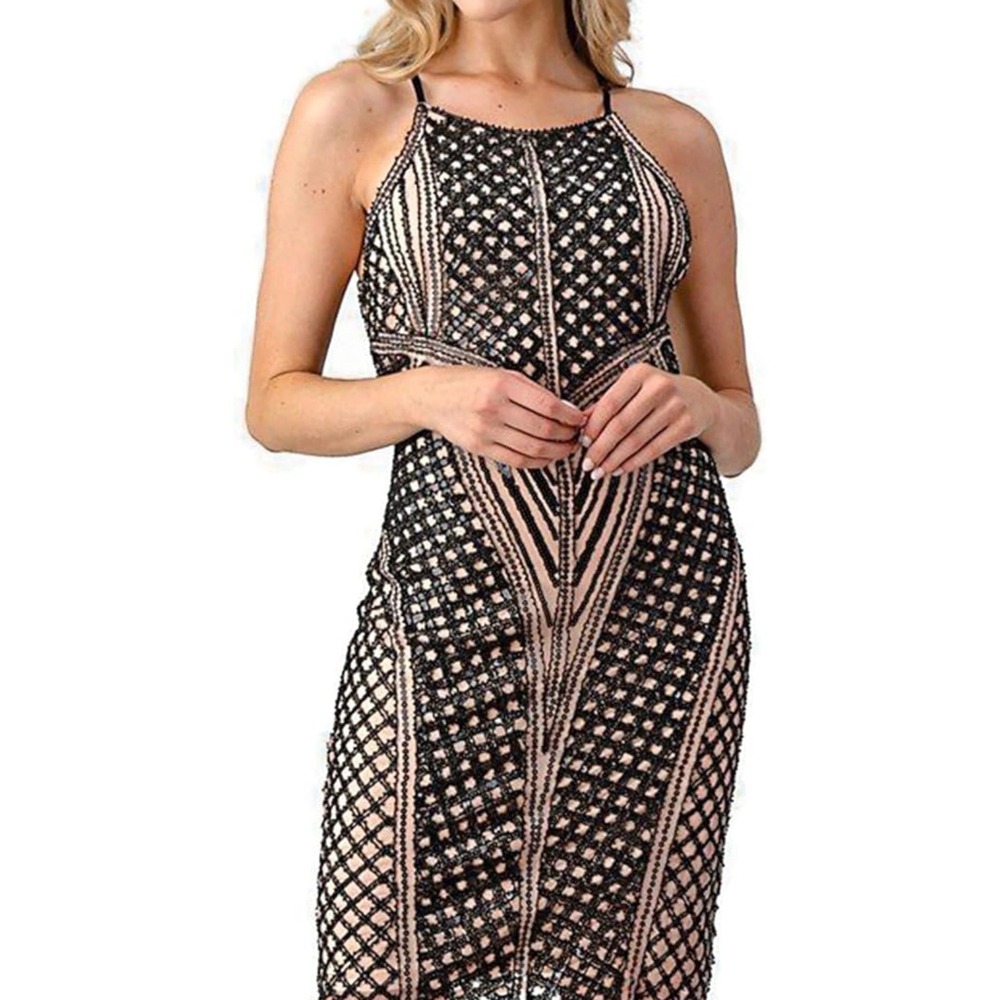 Minuet Sequin Mini Dress Womens S Black Nude Bodycon Cocktail Gatsby‎ 20s Glam